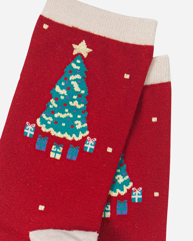 Bamboesokken voor dames – rood Christmas Tree (maat 36–40)