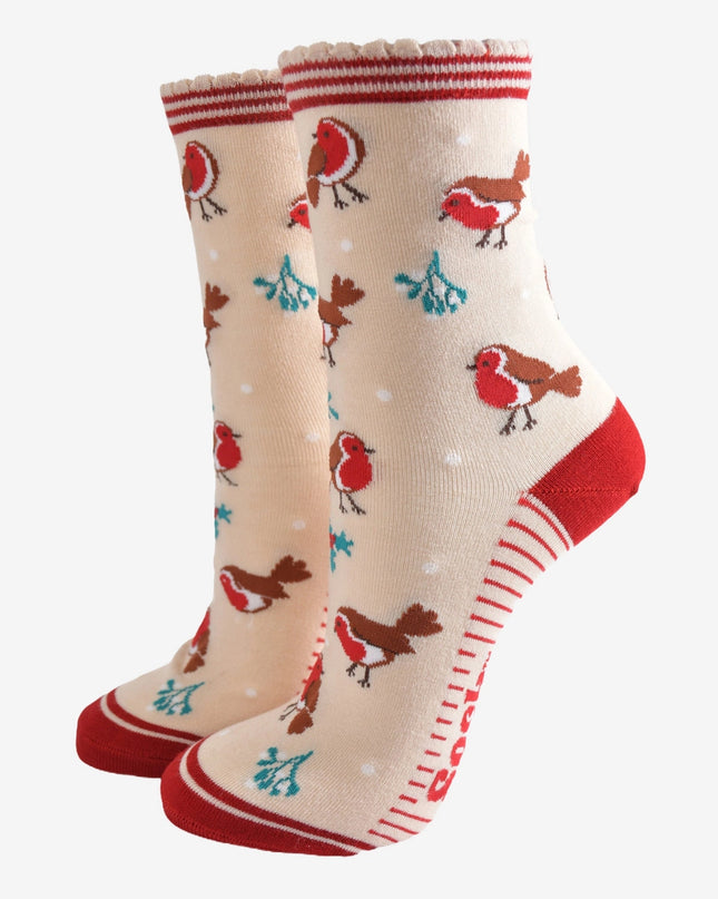 Bamboesokken voor dames – crème/rood Christmas Robin (maat 36–40)