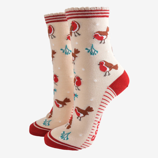 Bamboesokken voor dames – crème/rood Christmas Robin (maat 36–40)