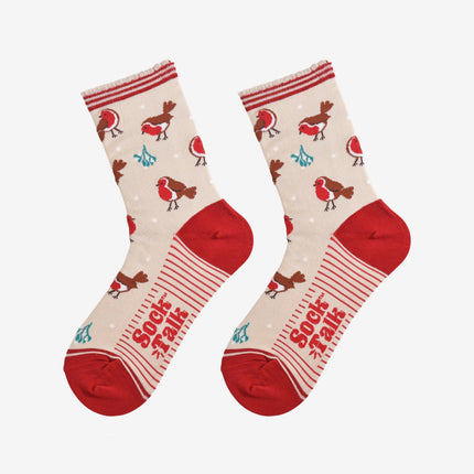 Bamboesokken voor dames – crème/rood Christmas Robin (maat 36–40)