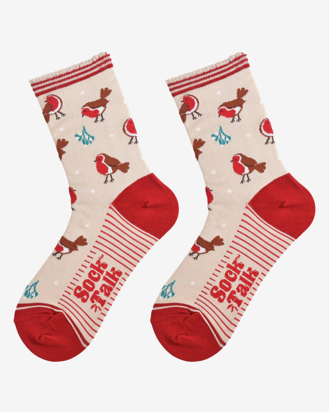 Bamboesokken voor dames – crème/rood Christmas Robin (maat 36–40)