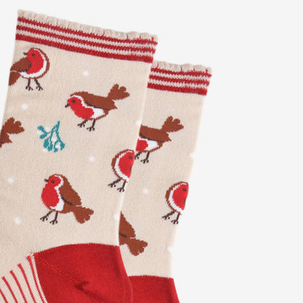 Bamboesokken voor dames – crème/rood Christmas Robin (maat 36–40)