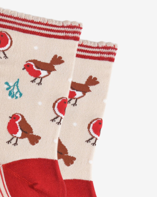 Bamboesokken voor dames – crème/rood Christmas Robin (maat 36–40)