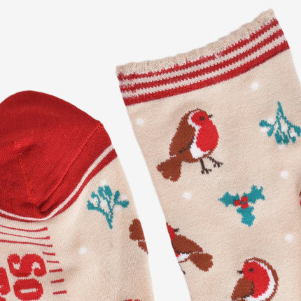 Bamboesokken voor dames – crème/rood Christmas Robin (maat 36–40)