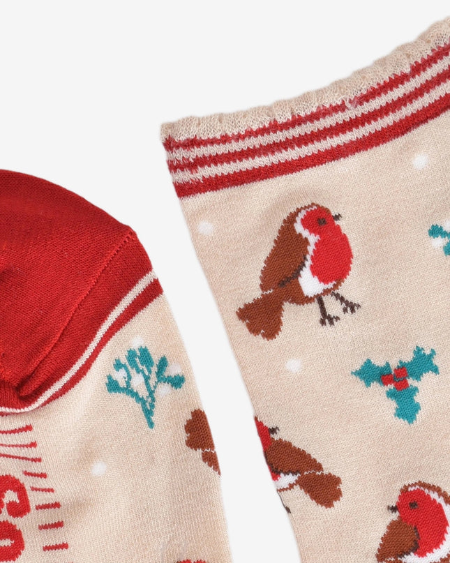 Bamboesokken voor dames – crème/rood Christmas Robin (maat 36–40)