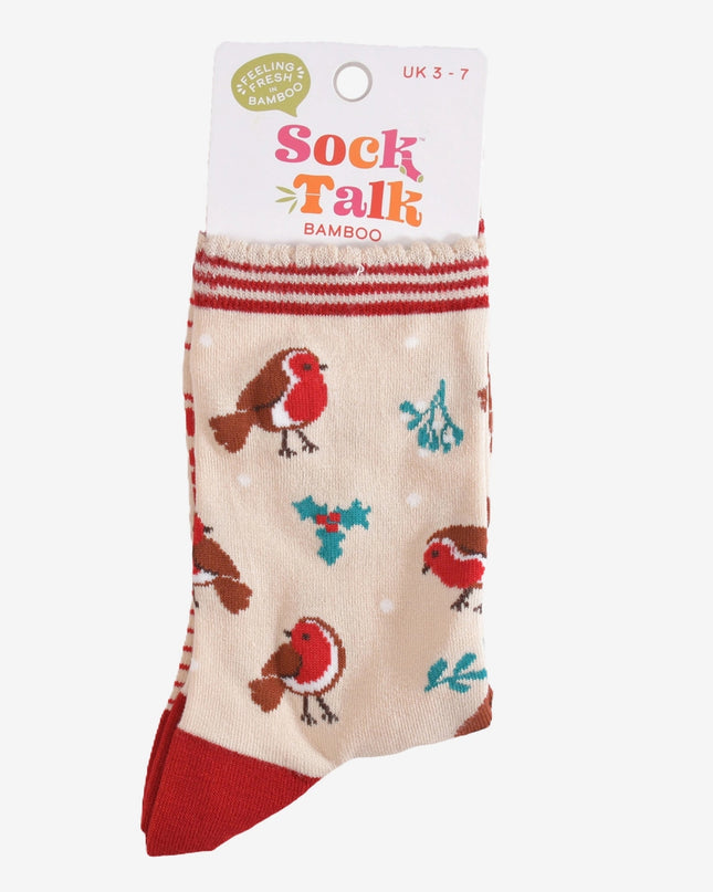Bamboesokken voor dames – crème/rood Christmas Robin (maat 36–40)