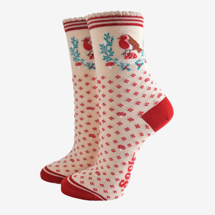 Bamboesokken voor dames – crème/rood Christmas Wreath Robin (maat 36–40)