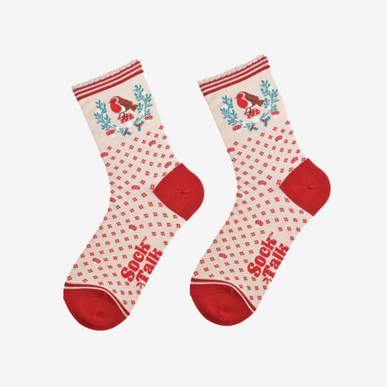 Bamboesokken voor dames – crème/rood Christmas Wreath Robin (maat 36–40)