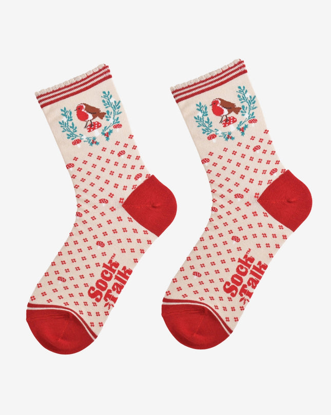 Bamboesokken voor dames – crème/rood Christmas Wreath Robin (maat 36–40)
