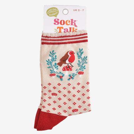 Bamboesokken voor dames – crème/rood Christmas Wreath Robin (maat 36–40)