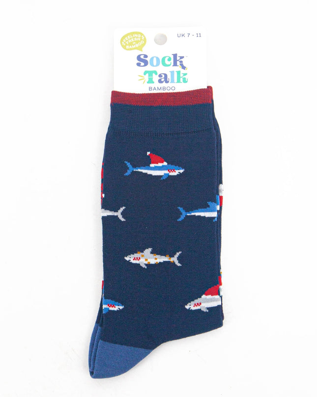 Bamboesokken voor heren – marineblauw Christmas Shark (maat 40–46)