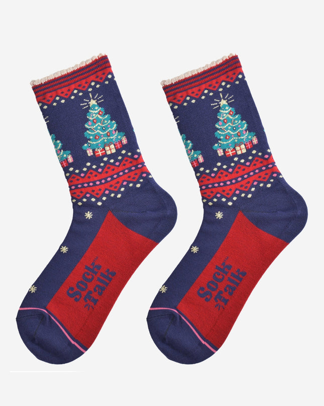Bamboesokken voor dames – marineblauw/rood Classic Christmas Tree (maat 36–40)