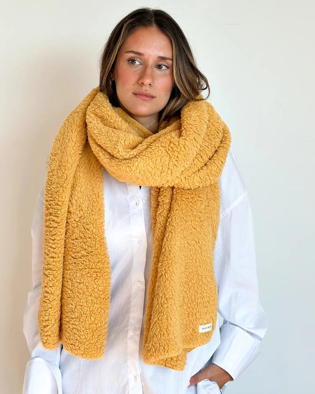 Grote teddy sjaal – blauw / ecru / mosterdgeel