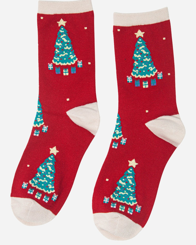 Bamboesokken voor dames – rood Christmas Tree (maat 36–40)